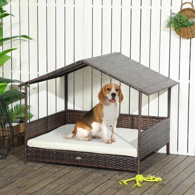 Cream White Outdoor Wicker Dog Sofa Bed with Canopy