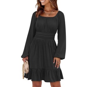 Long Lantern Sleeve Swing Dress with Square Neck & Ruffle Hem, Elastic Waist A-Line Short Dress for Women, Fall Fashion Black - 1 of 4