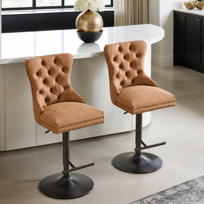 Aged and Retro PU Swivel Barstools Adjusatble Seat Height from 26-33 Inch, Modern Bar Stools with Backs Comfortable Tufted,Set of 2 - Leovsnove