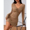 Coolmee Women Sexy Mini Dress Drawstring V Neck Elegant Long Sleeve Slim Fit Bodycorn Flowy Hem A-Line Short Dress - 3 of 4