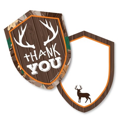 Big Dot of Happiness Gone Hunting - Shaped Thank You Cards - Deer Hunting Camo Baby Shower or Birthday Party Thank You Cards with Envelopes -Set of 12