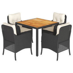 vidaXL - 5 Piece Patio Dining Set - Black/Cream Poly Rattan with Cushions and Acacia Wood Top for Outdoor, Garden, Patio - 1 of 4