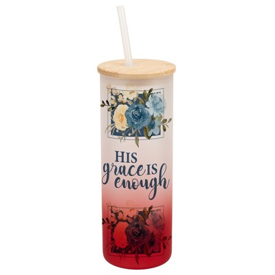 Elanze Designs His Grace Is Enough Faith Floral Frame Wrap-Around Design 25 Ounce Frosted Gradient Glass On-The-Go Coffee Travel Skinny Tumbler Mug