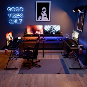 Bestier 55" L-Shaped Reversible Gaming Desk with Large Monitor Shelf, Cup Holder, and Headset Hook ,  Black - 1 of 4