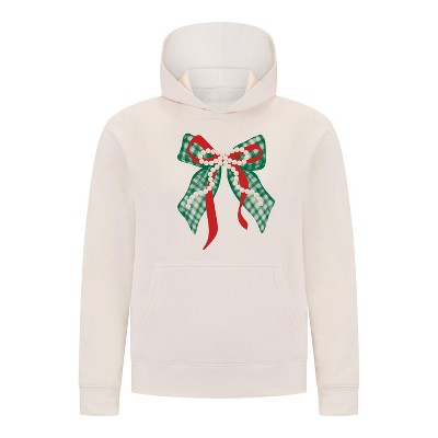 Everyday Kids Christmas Collection Green Gingham Pearl Bow Girls Pullover Hoodie – Holiday Sweatshirt - Off White