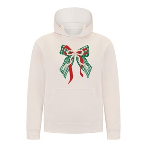 Everyday Kids Christmas Collection Green Gingham Pearl Bow Girls Pullover Hoodie – Holiday Sweatshirt - Off White - 1 of 1