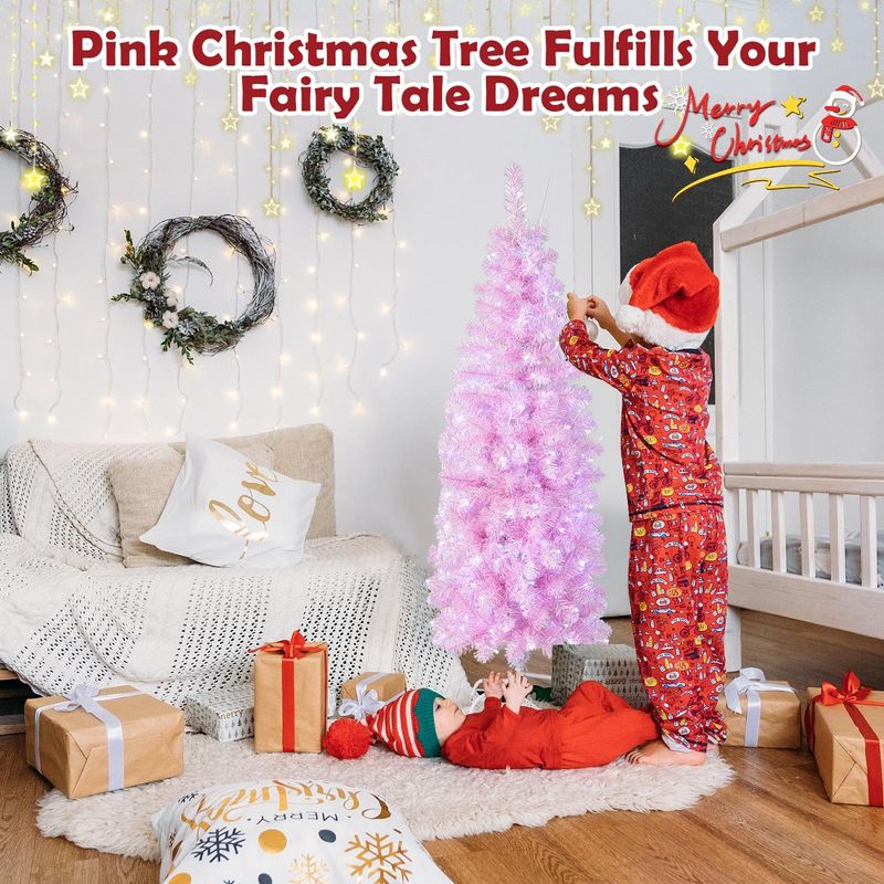 Costway 5 FT/6FT/7FT Pre-lit Christmas Tree Hinged Pencil Xmas Decoration with 190/250/350 LED Lights Pink, 5 of 11