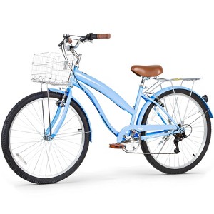 hykolity 26 inch Cruiser Bike Beach Bicycle City Bike Commuter Cycling 7 Speed for Adult Women Height 60-72 inch Front Basket Rear Rack Aquamarine - 1 of 4