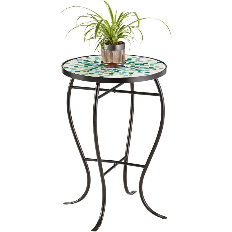 Teal Island Designs Modern Black Round Outdoor Accent Side Tables 14" Wide Set of 2 Aqua Green Mosaic Tabletop Front Porch Patio Home House, 5 of 8