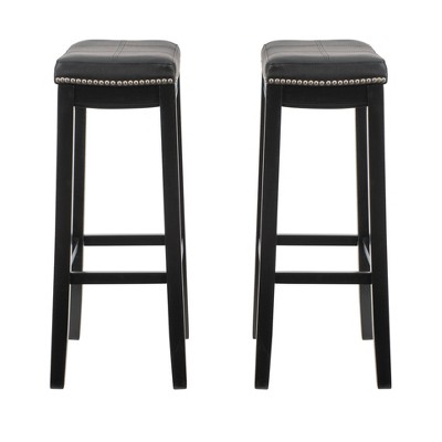 Set of 2 Black Wood and Leather Saddle Barstools