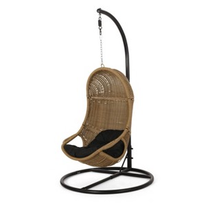 Ripley Outdoor Wicker Hanging Chair with Stand - Light Brown/Dark Gray - Christopher Knight Home: Weather-Resistant Polyester Swing - 1 of 4