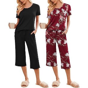 Ekouaer 2 Pack: Women's Pajamas Set Short Sleeve Sleepwear Capri Pants Pjs Soft Loungewear with Pockets - 1 of 2