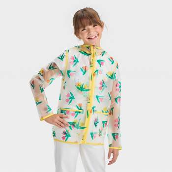 Girls' Floral Printed Rain Coat - Cat & Jack™ White/Yellow/Green