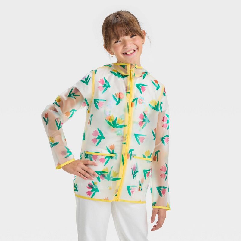 Kids' Floral Printed Rain Coat - Cat & Jack™ White/Yellow/Green, 1 of 7