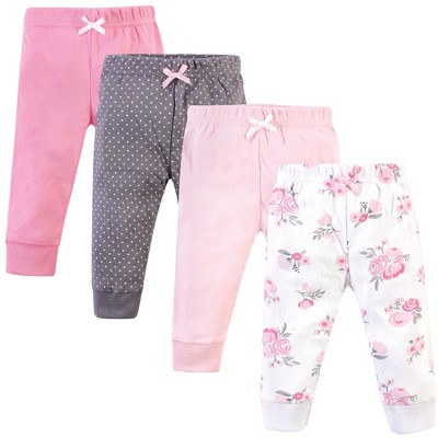 Hudson Baby Infant and Toddler Girl Cotton Pants 4pk, Basic Pink Floral, 3-6 Months