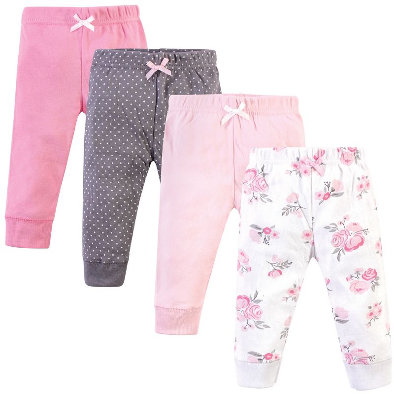 Hudson Baby Infant and Toddler Girl Cotton Pants 4pk, Basic Pink Floral, 1 of 4