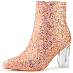 Allegra K Women's Zip Closure Pointed Toe Clear Block Heel Halloween Glitter Ankle Boots - 1 of 4
