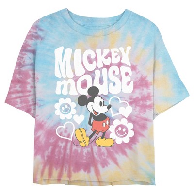 Juniors Womens Mickey & Friends Groovy Hearts and Smilies Logo White Crop T-Shirt