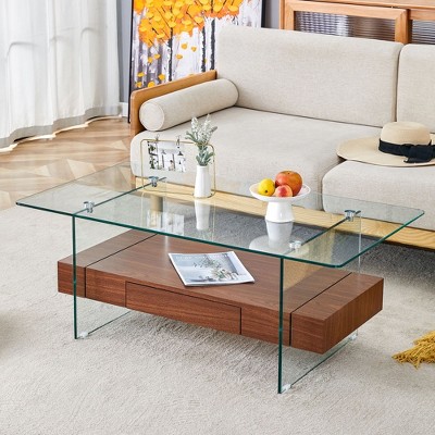 NicBex Modern 2-Tier Wooden Coffee Table with Storage, Clear Tempered Glass Top & Texture Open Shelf,Center Table for Living Room