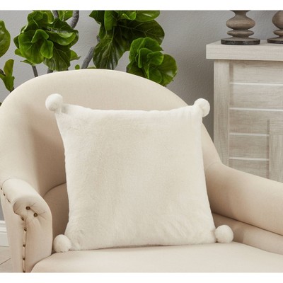 Ivory Faux Rabbit Fur Square Throw Pillow with Pom Poms