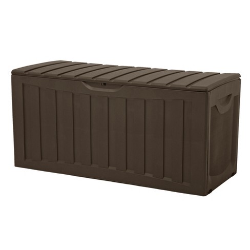 Ram Quality Products Plastic 90 Gallon Outdoor Lockable Backyard Storage  Bin Deck Box for Cushions, Toys, Pool Accessories, and Towels, Brown