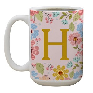 Personalization Mall Flowery Initial Personalized Coffee Mug Gold/Pink - 1 of 1