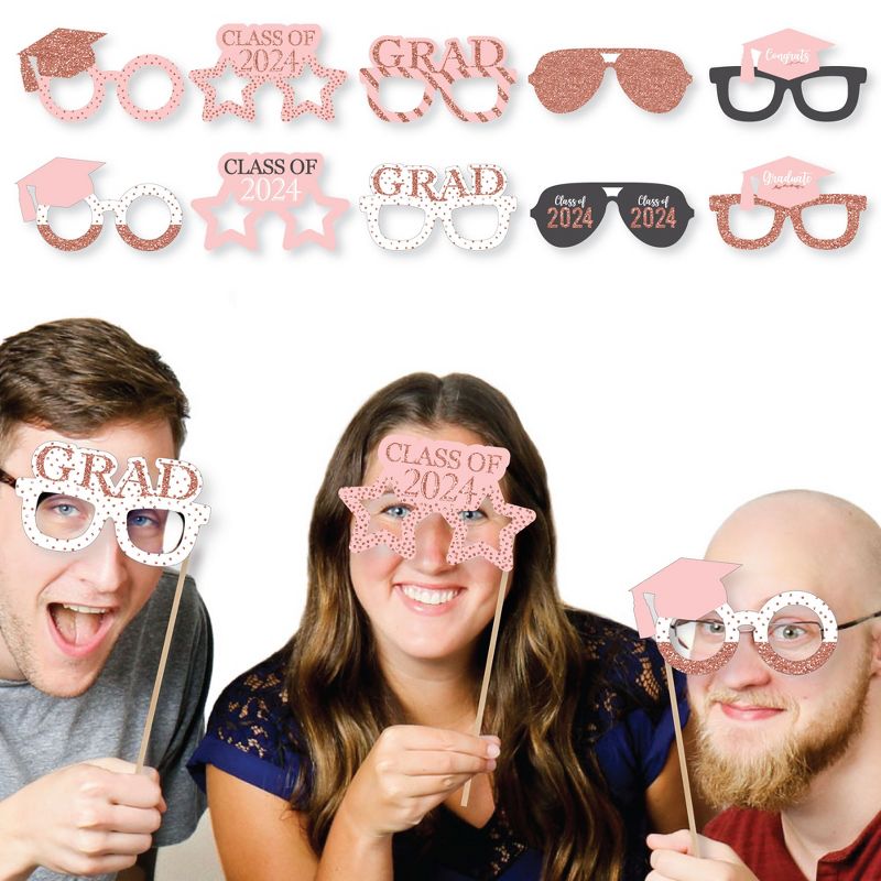 Big Dot of Happiness Rose Gold Grad Glasses - 2024 Paper Card Stock Graduation Party Photo Booth Props Kit - 10 Count, 3 of 8
