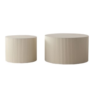 Vynxaria Modern Nesting Coffee Table Set of 2, Beige Drum-Style (Wave Stripe/Embossed Lines), Round, Space-Saving (Hollow Large Table) - 1 of 4