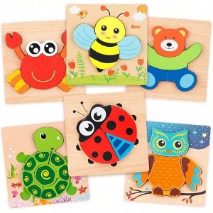 Wooden Jigsaw Puzzle Set, 6 Pack Animal Shapes Fine Motor Skill Gift - 1 of 4