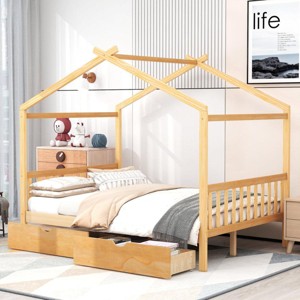 Streamdale Full Size House Platform Bed With Two Drawers, Headboard And Footboard, Roof Design - 1 of 4
