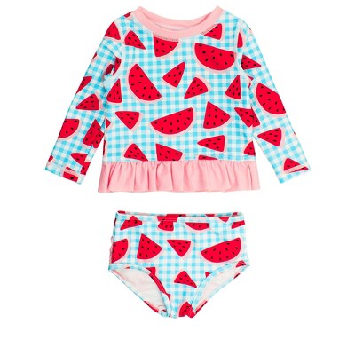 RuffleButts Toddler Girls UPF50+ Long Sleeve Rash Guard Bikini