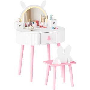 JOYMOR Kids Vanity with Touch Screen & 3-Color Lights, Adjustable Mirror, Table & Chair Set with Storage (White) - 1 of 4