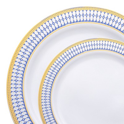 Smarty Had A Party White w/ Blue and Gold Chord Rim Plastic Dinnerware Set - 120 Sets