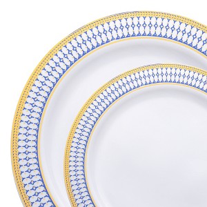 Smarty Had A Party White w/ Blue and Gold Chord Rim Plastic Dinnerware Set - 120 Sets - 1 of 4