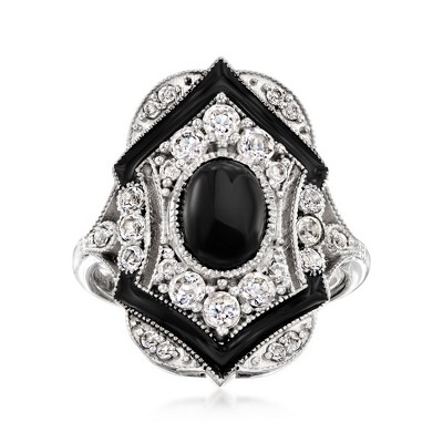 Ross-Simons Onyx and 1.30 ct. t.w. White Zircon Ring With Black Enamel in Sterling Silver