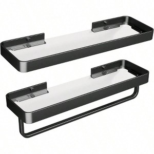16 Inch Black Floating Bathroom Shelves with Towel Bar Tempered Glass Wall Shelf 2 Pack Versatile Bathroom Organizer Set - 1 of 4