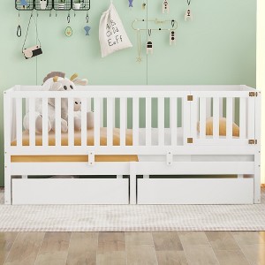 Bellemave Twin Size Wood Daybed with Fence Guardrails and 2 Drawers, Split into Independent Floor Bed & Daybed, White - 1 of 4