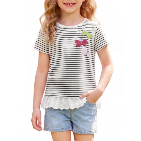 INSPIRE CHIC Girls Striped Summer Tops Cotton Short Sleeve Crewneck Ruffle Hem T-Shirts Medium White Black