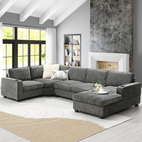 119 w U shaped Sectional Sofa 6 seat Chenille Couch Set With Oversized Chaise Lounge Deep Seat Comfy Sofa With Cup Holders Dark Gray Modernluxe Target