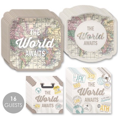 Big Dot of Happiness World Awaits - Travel Themed Party Tableware Plates and Napkins - Bundle for 16