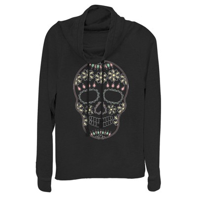 Juniors Womens Lost Gods Halloween Sugar Skull Cowl Neck Sweatshirt