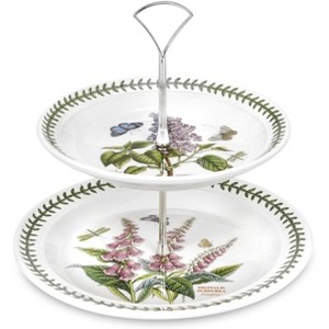 Portmeirion Botanic Garden 2-Tiered Server - 10" & 8" Dessert Display with Assorted Floral & Butterfly Motif - Earthenware, Made in England - 1 of 3