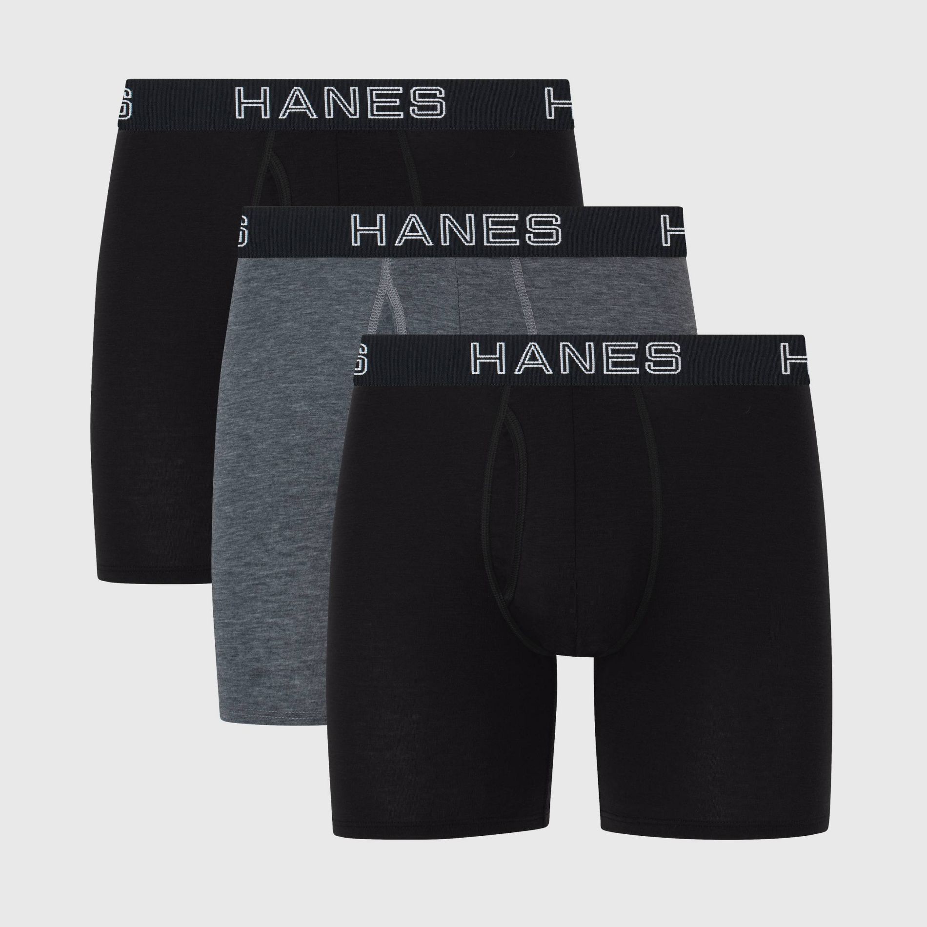 Hanes Premium Men's 3pk Boxer Briefs Total Support Pouch - Gray/Black L: Moisture Wicking, 4-Way Stretch, Tagless