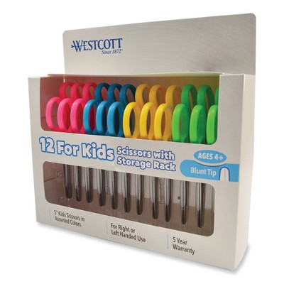 Westcott For Kids Scissors, Blunt Tip, 5" Long, 1.75" Cut Length, Assorted Straight Handles, 12/Pack