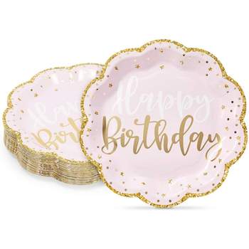 Sparkle and Bash 48 Pack Pink Happy Birthday Party Paper Plates with Gold Glitter Edges, 9 in