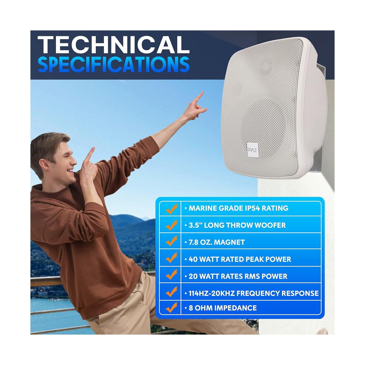 Pyle 4" Waterproof On-Wall/Patio Commercial Speaker - 40W, Marine Grade, Adjustable Bracket - thumbnail 3