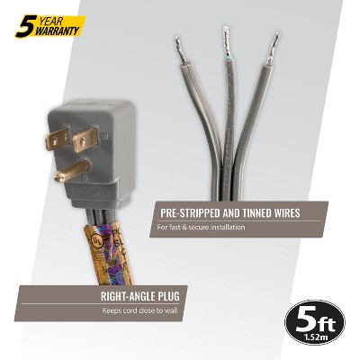Certified 15-Amp Gray Appliance Power Cord with Right-Angle Plug, 5 Feet