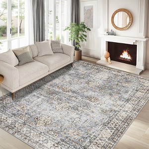 Vintage Machine Washable Rug for Living Room Non-Slip Non-Shedding Distressed Floral Printed Indoor Carpet - 1 of 4