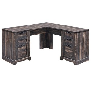 L Shaped Desk with Drawers, 60in Wide Farmhouse Executive Office Desk with Charging Station, Home Corner Desk with File Drawer - 1 of 4