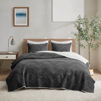 Black Cotton King Quilt Set with Chevron Pattern